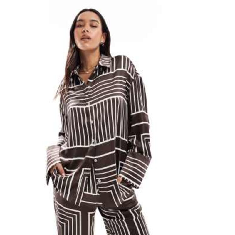 4th & Reckless satin wide cuffs button front shirt in brown tile print – part of a set