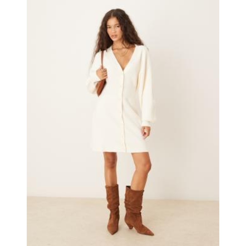 Gina Tricot long bell sleeve v neck mini knit button down dress in cream