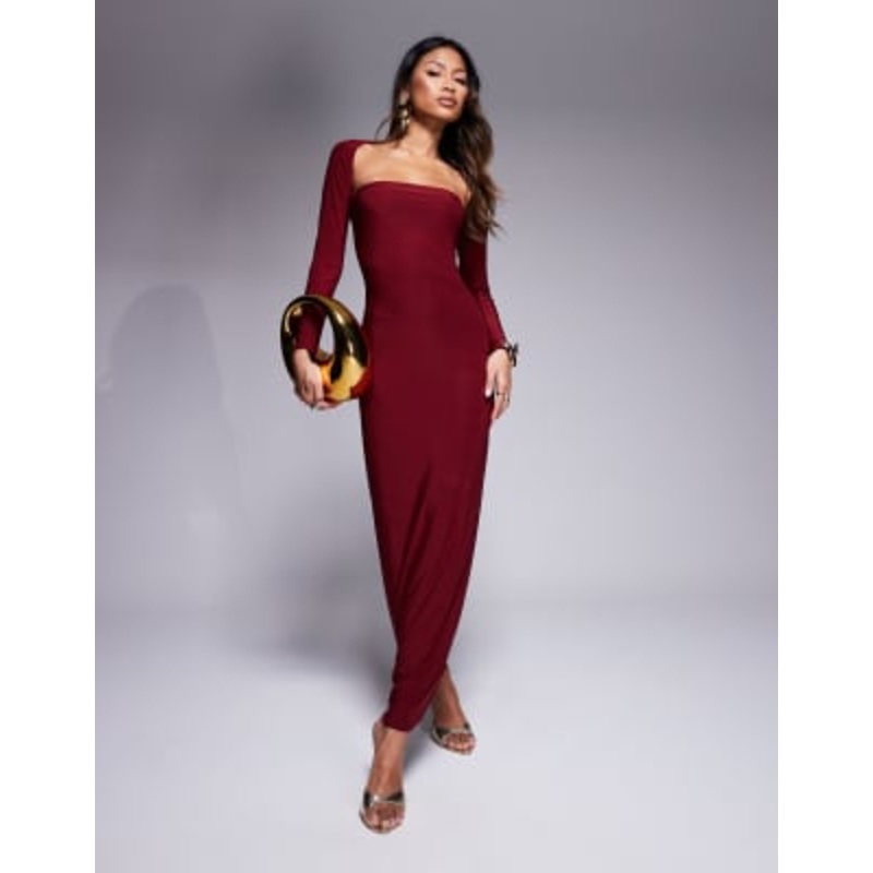 Kaiia exclusive double layered slinky bandeau maxi dress with long sleeve shrug in burgundy