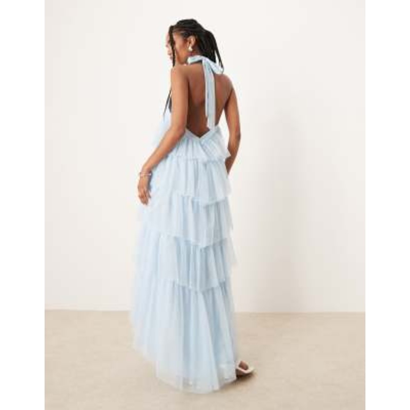 Lace & Beads backless tiered tulle maxi dress in soft blue