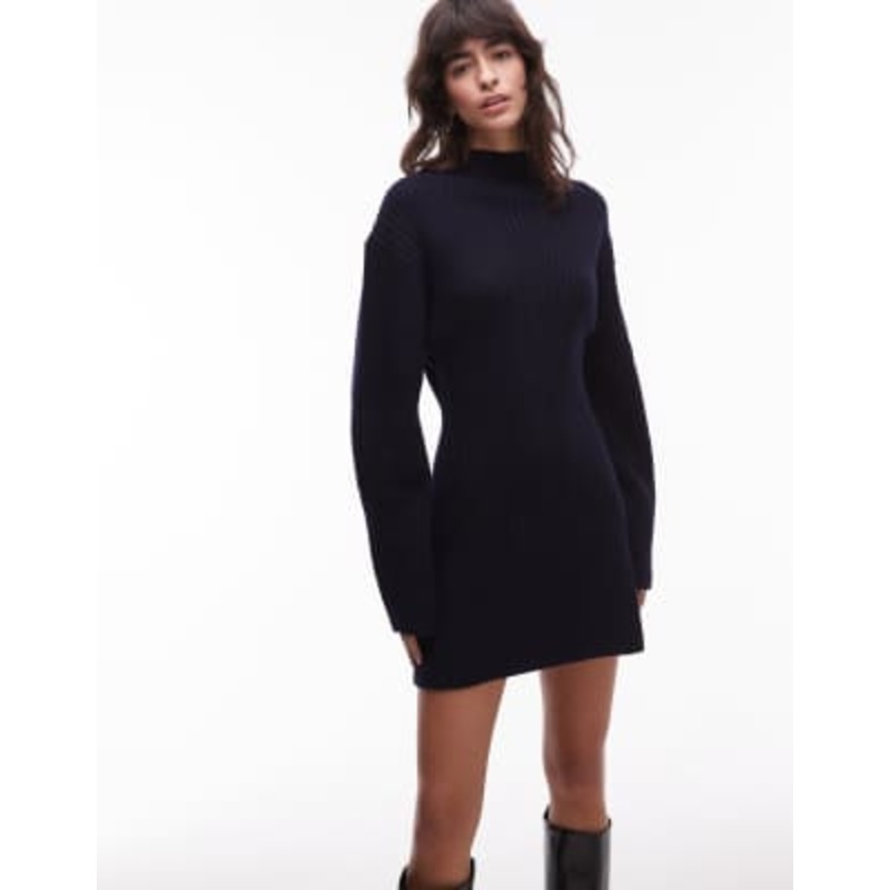 & Other Stories wool knit mini sweater dress with cinched waist in dark blue