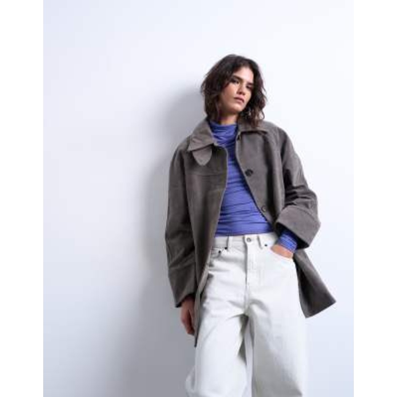 Topshop faux suede short car coat with neck tab in gray