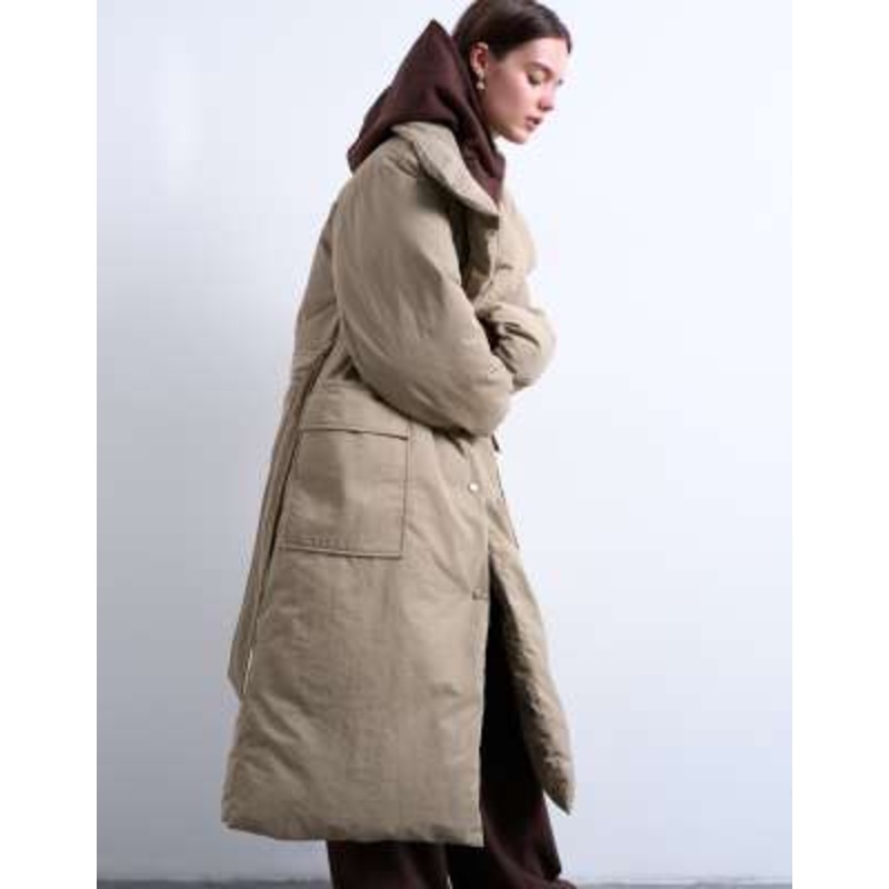 Topshop funnel neck longline belted puffer jacket in stone
