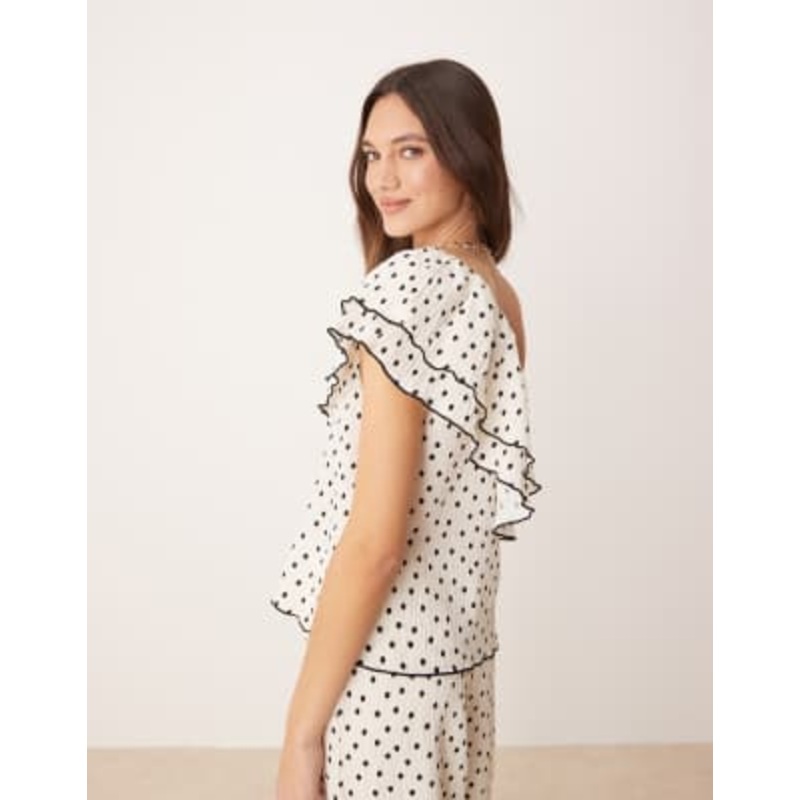 YAS one shoulder ruffle top in cream and black polka dot – part of a set