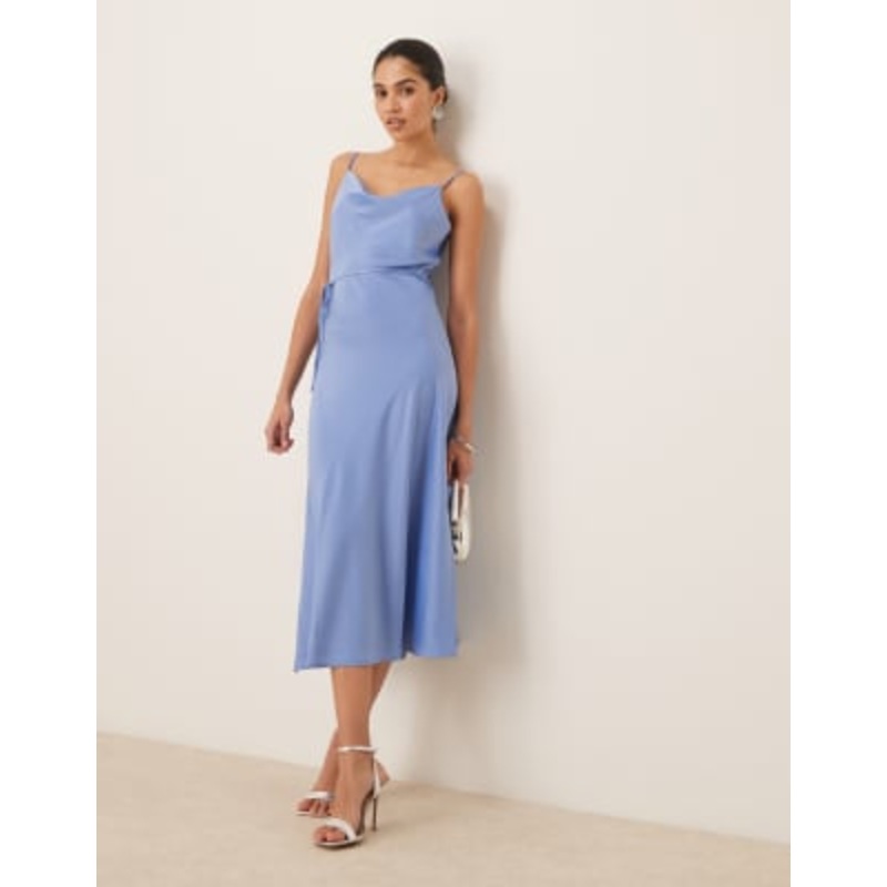 YAS satin cami midi dress in light blue