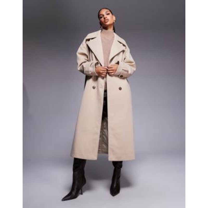 Aria Cove wool look heavyweight collared trench style maxi coat in beige