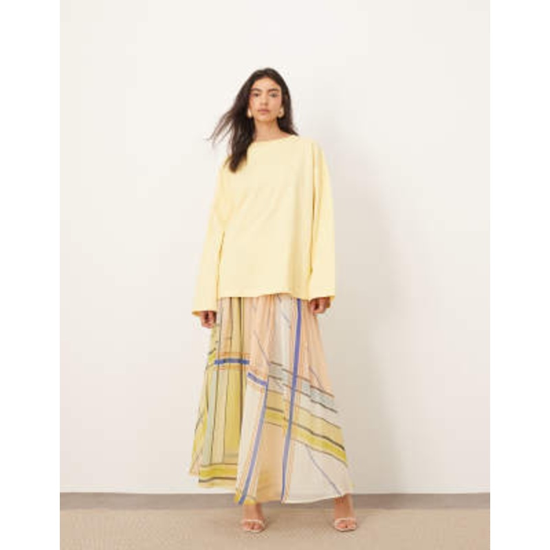 ARRANGE tiered maxi skirt with tie waist in plaid print