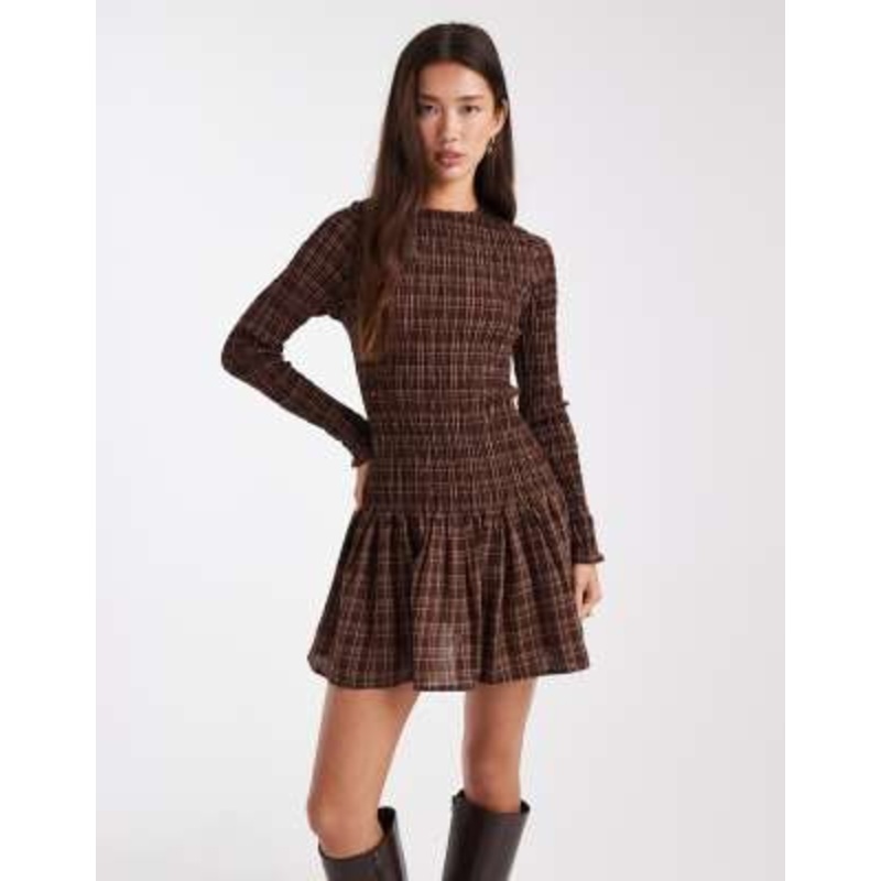 Daisy Street dropped waist shirred mini dress in brown plaid