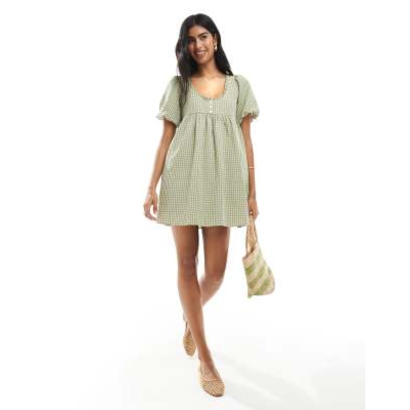 Daisy Street puff sleeve mini smock dress in sage plaid