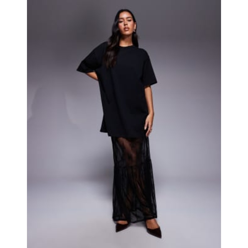 Fashionkilla cotton blend lace tiered hem maxi t-shirt dress in black
