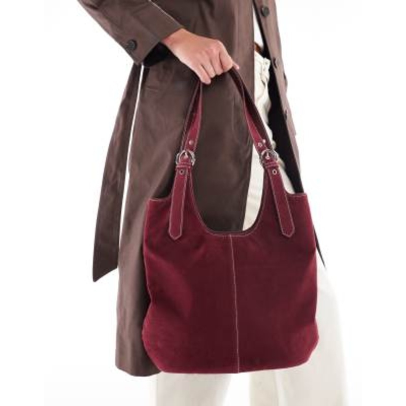 Glamorous faux suede shoulder tote bag in burgundy