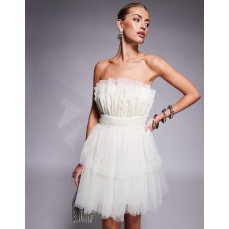 Lace & Beads tiered structured mini dress in ivory
