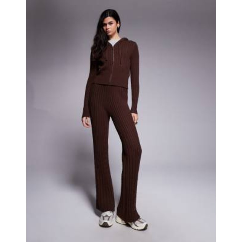 River Island wide leg cable knit set in dark brown