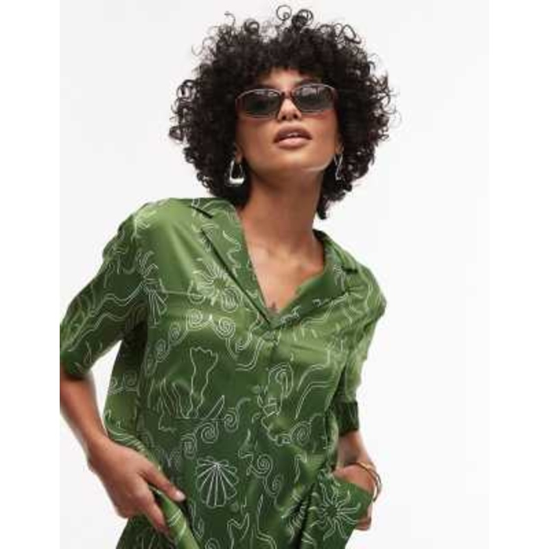 Topshop satin resort shirt in green palm print – part of a set