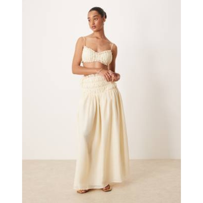Wanderdoll Soulie linen look shirred dropped waist tie detail maxi skirt in beige – part of a set