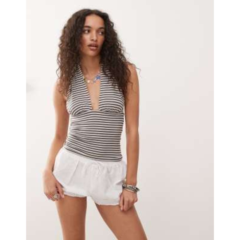 Weekday deep halter neck top in off white and mole stripes