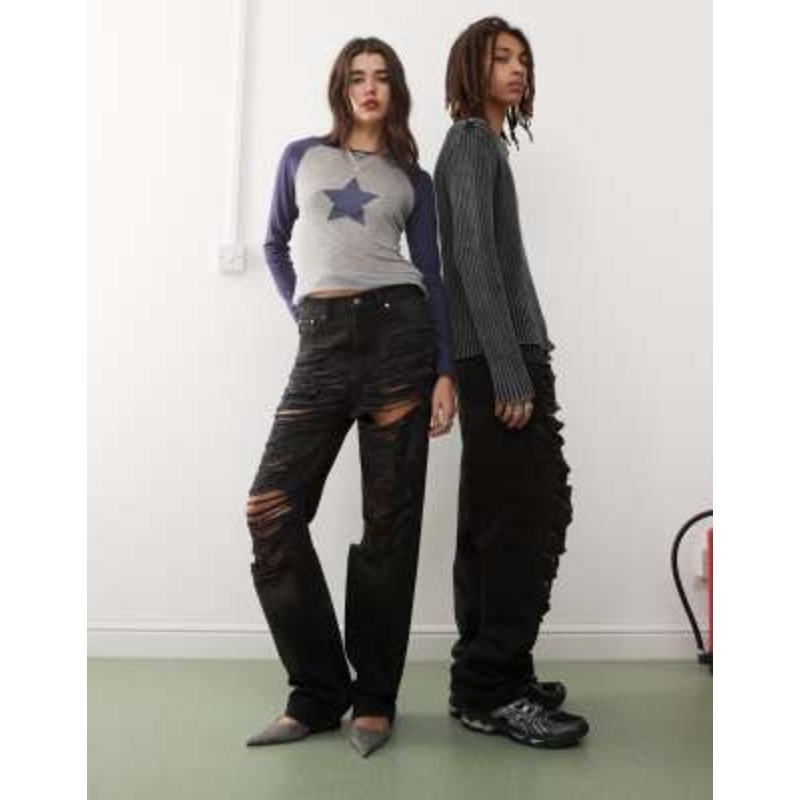 Weekday Unisex Galaxy extreme distressed baggy jeans in washed black