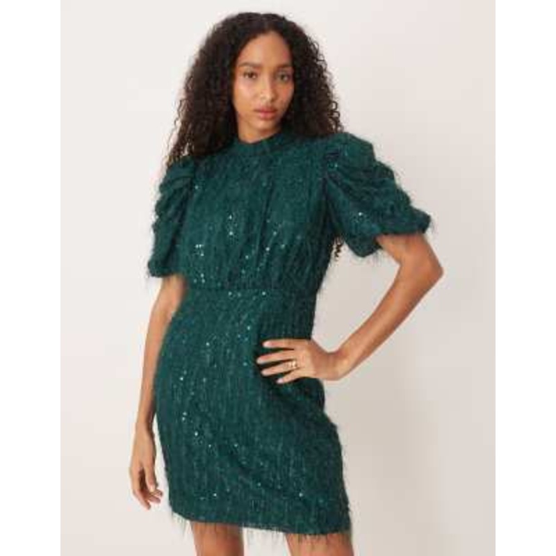 YAS fluffy textured sequin mini dress in dark green