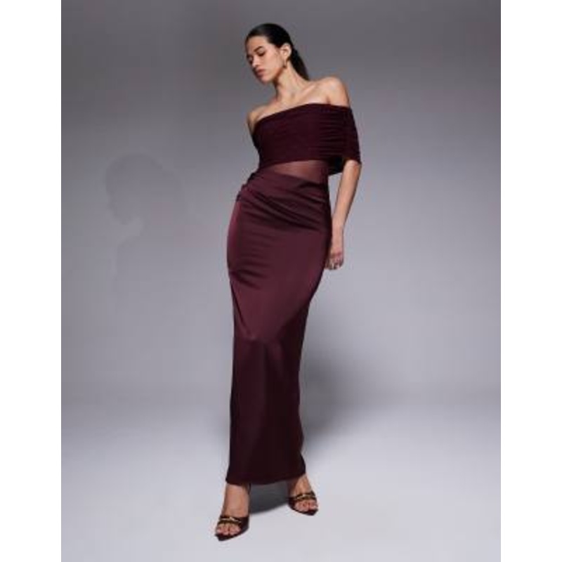 Aria Cove bardot sheer panel drape detail fishtail satin maxi dress in plum