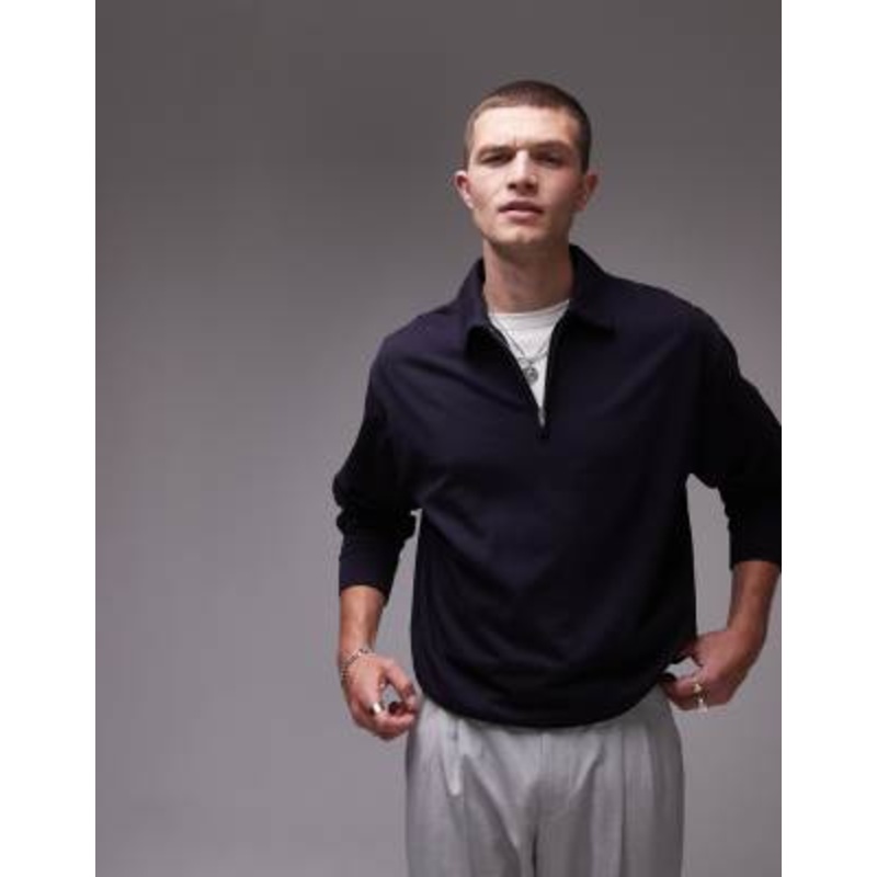 ARKET half zip jersey top with polo collar in navy blue