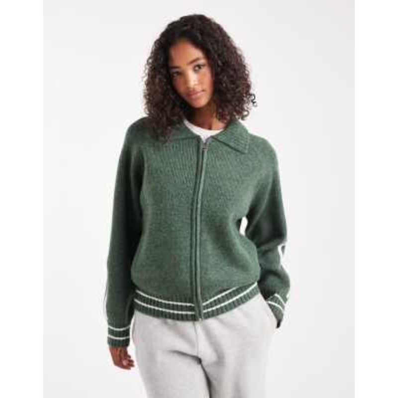 Cotton On piping knit zip up bomber jacket in treetop green
