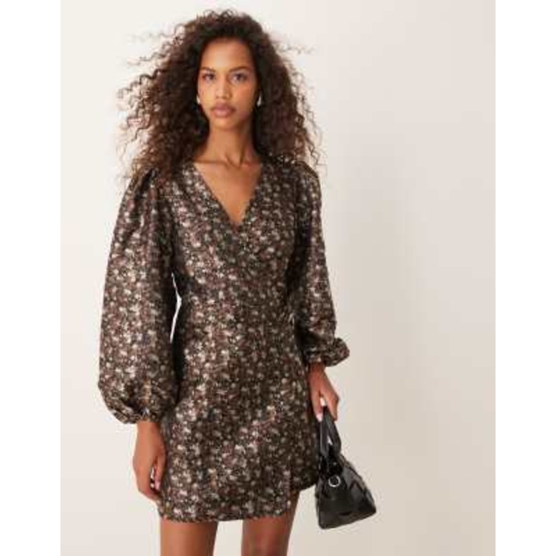 Glamorous v neck balloon sleeve mini dress with front wrap in 70s black floral