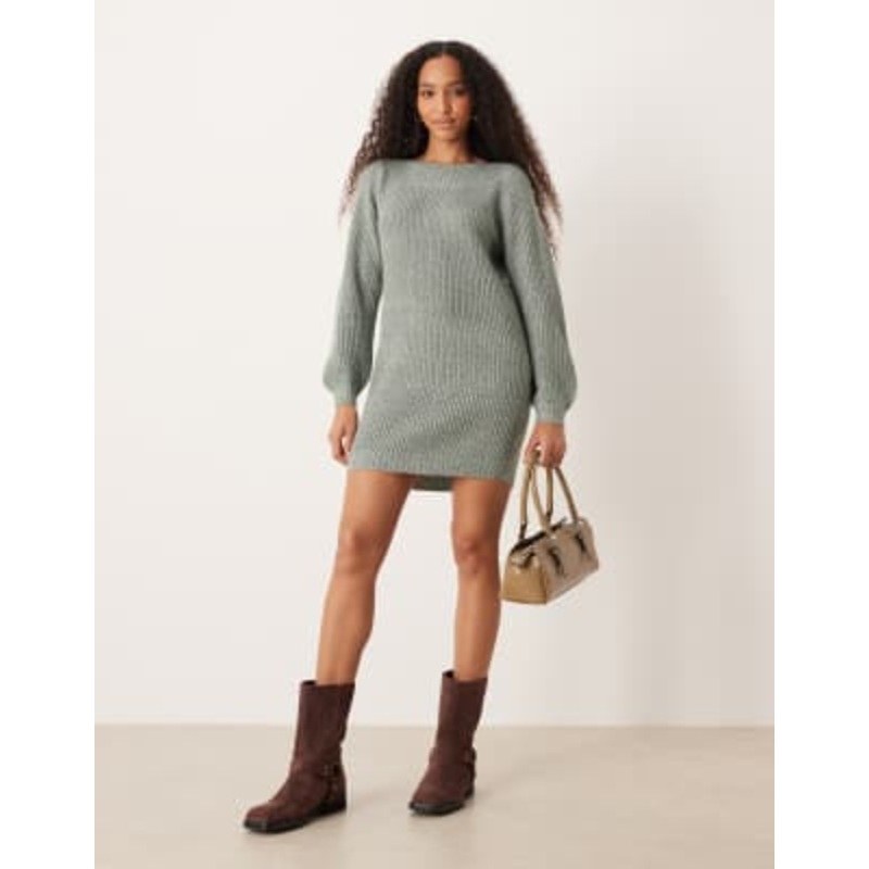 JDY boat neck knitted mini sweater dress in green