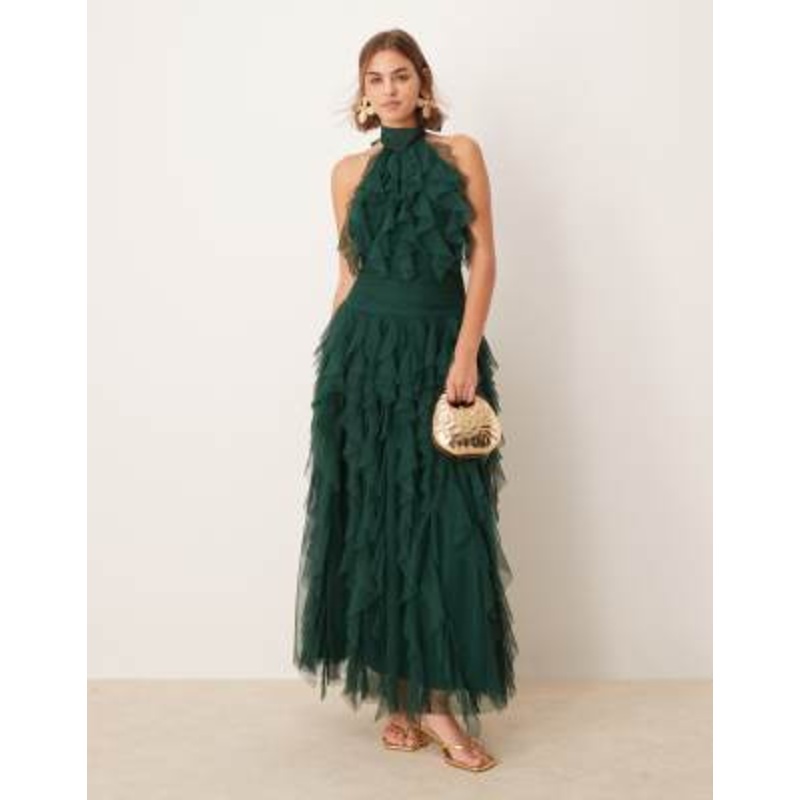 Lace & Beads ruffle tulle maxi dress in forest green