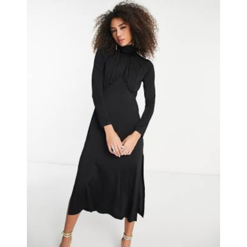 & Other Stories satin high midaxi dress with drape chest detail in black