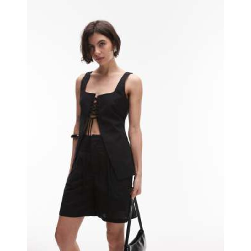 SNDYS linen blend square neck lace up front top & longline shorts set in black