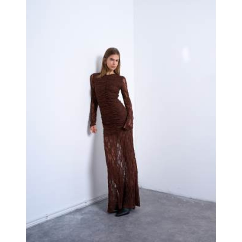 Topshop lace ruched front drop waist maxi dress in chocolate
