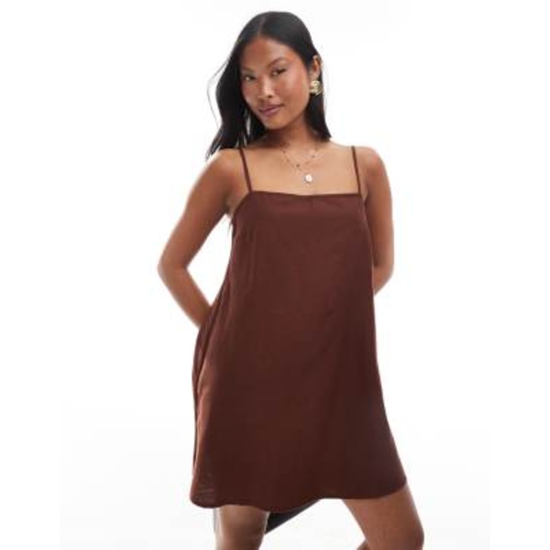 Vero Moda Petite linen touch throw-on mini dress in chocolate