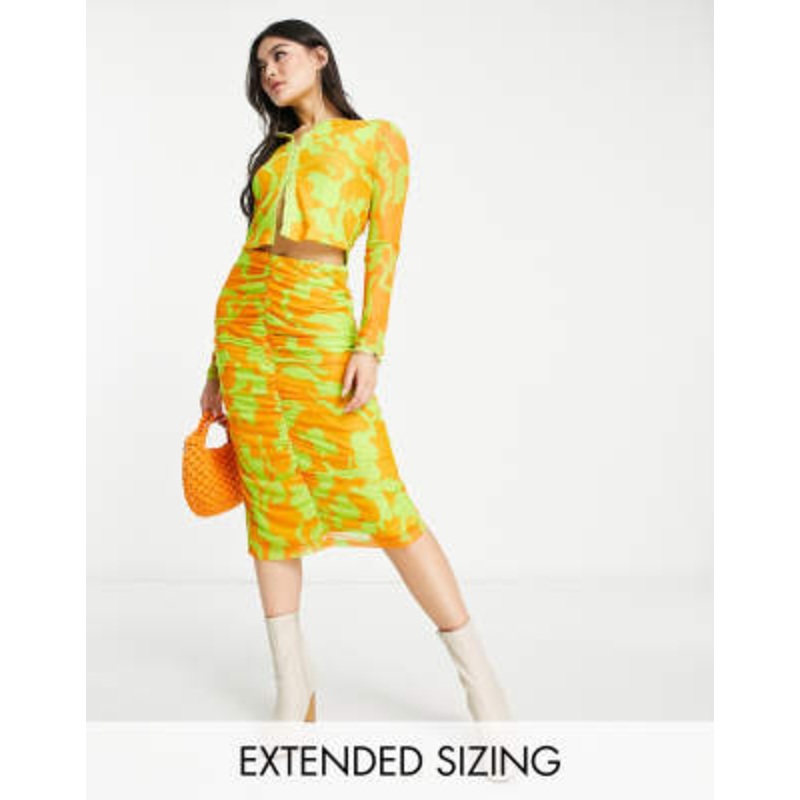 Vero Moda X Joann Van Den Herik mesh ruched midi skirt in orange and lime print – part of a set