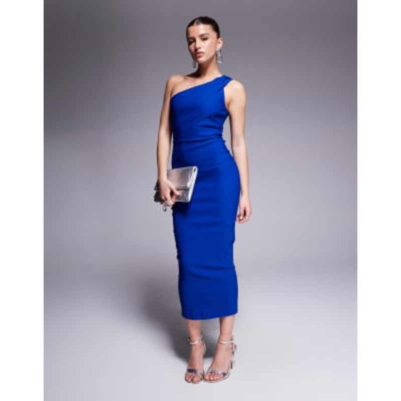 Vesper bengaline one shoulder strap bodycon midaxi dress in cobalt
