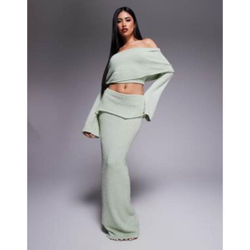 Wanderdoll Yasmin boucle knit dramatic foldover maxi skirt in sage – part of a set