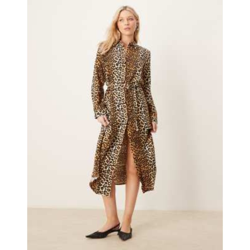 YAS tie waist maxi shirt dress in leopard print