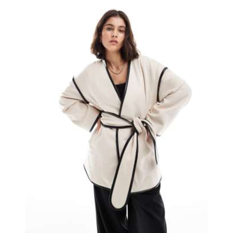 4th & Reckless wool blend contrast edge belted jacket in cream