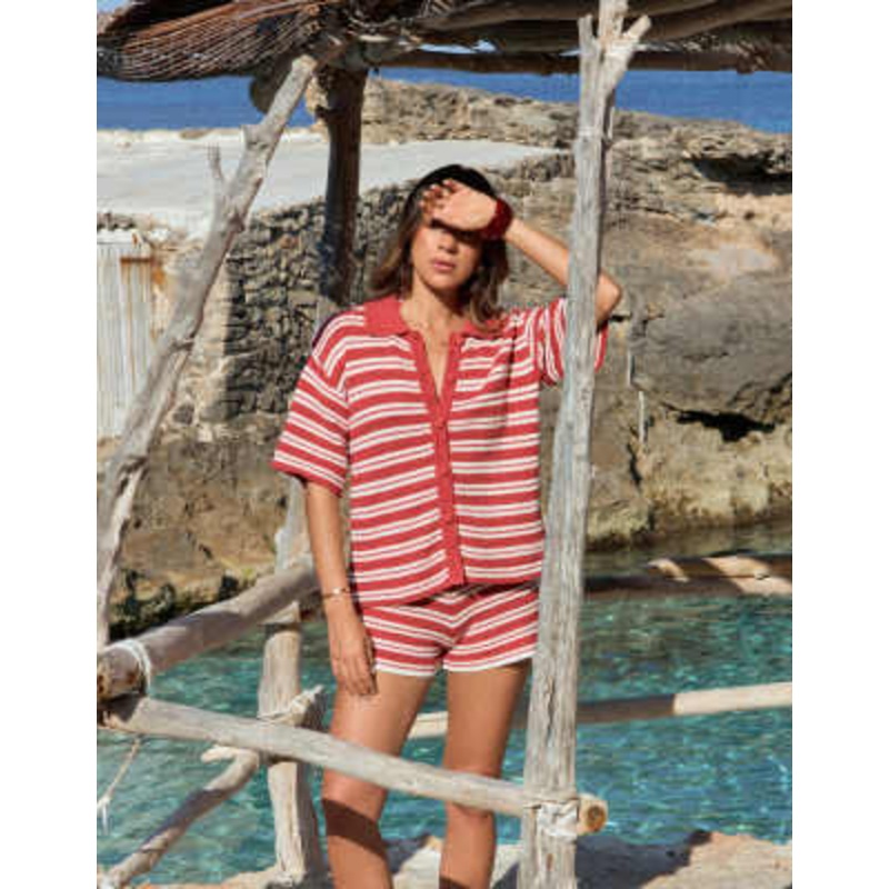 4th & Reckless x Luana Barron cotton rich crochet collared button up beach shirt in red and white stripes – part of a set