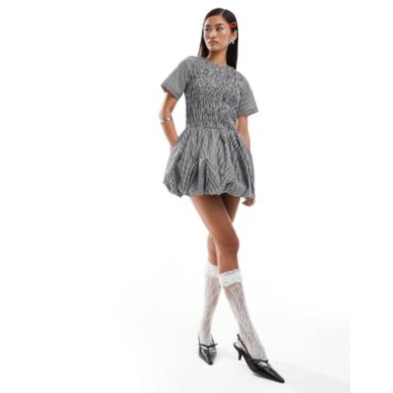 Amy Lynn Elenor shirred short sleeve puffball ultra mini dress in black and white gingham