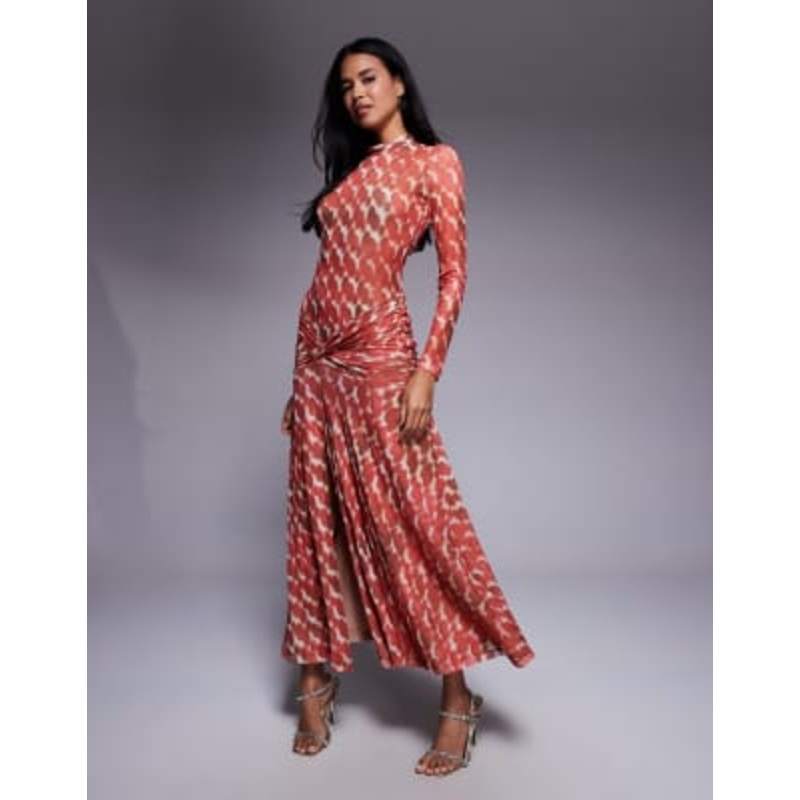 Bardot Lea printed mesh long sleeve dress in red spot