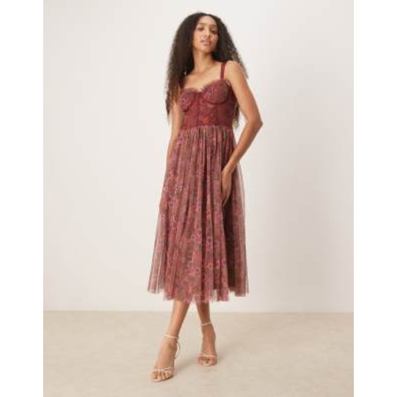 Lace & Beads corset tulle midaxi dress in purple floral