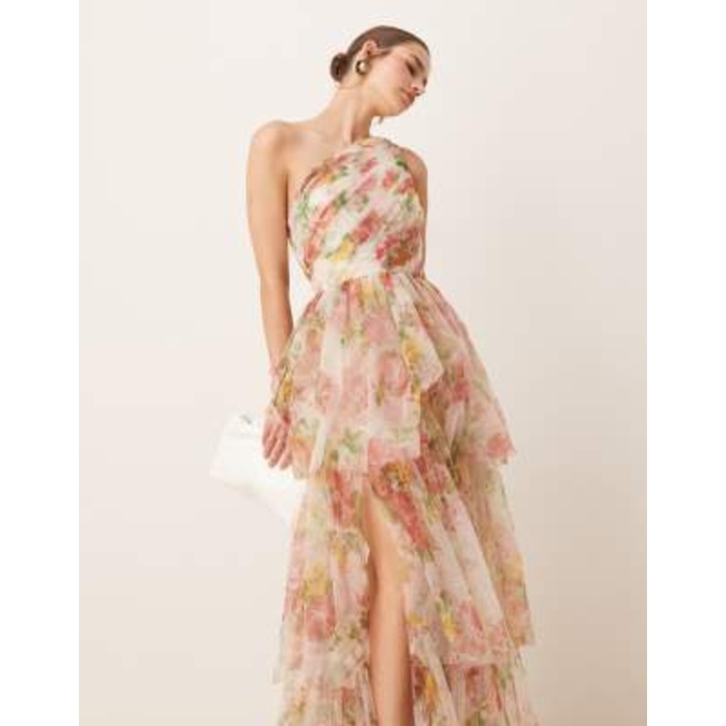 Lace & Beads one shoulder tiered tulle maxi dress in bright floral