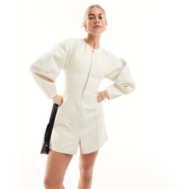 & Other Stories corset waist mini dress with zip front and sculptural sleeves in beige
