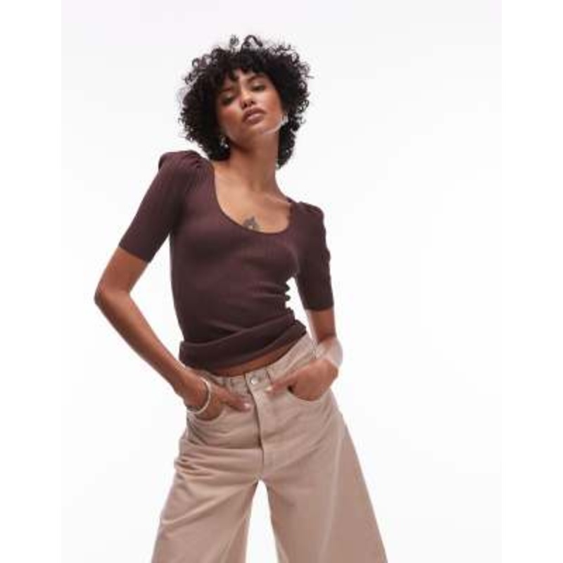 & Other Stories knit mixed rib top with scoop neck and puff sleeves in brown