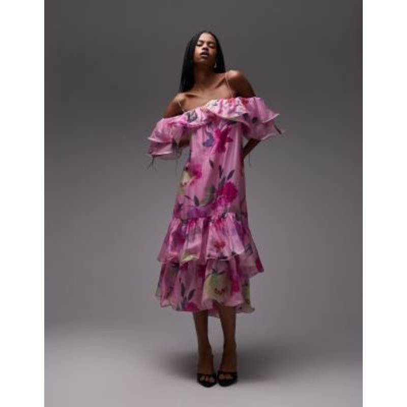 & Other Stories off-shoulder ruffle midaxi dress in pink floral print