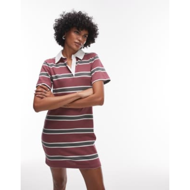 Topshop jersey shrunken polo mini dress in red stripe