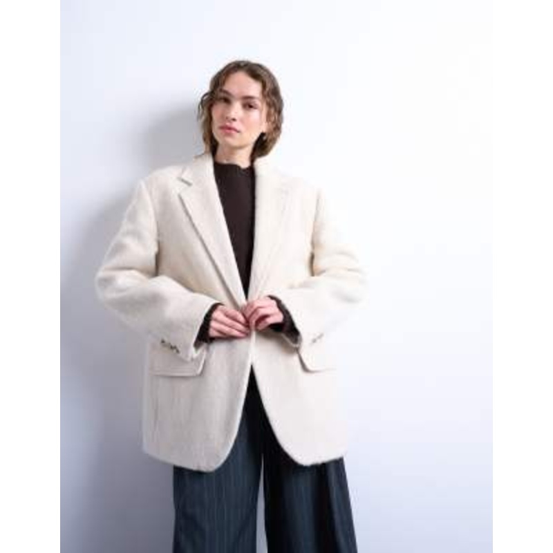 Topshop longline brushed one button blazer coat with wool in cream