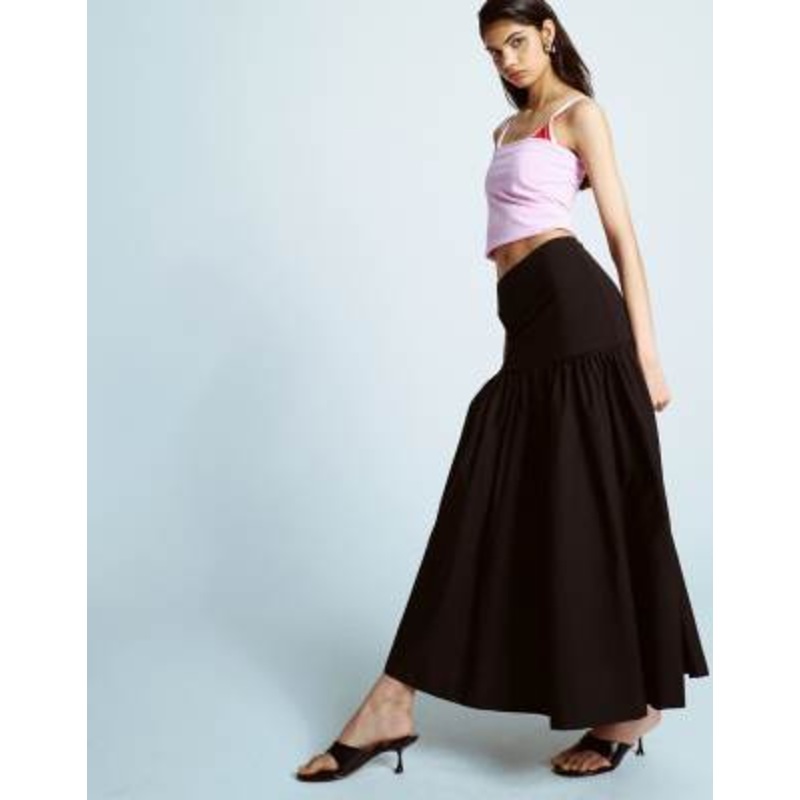 Topshop poplin full skirt with curved dropped waistband in black