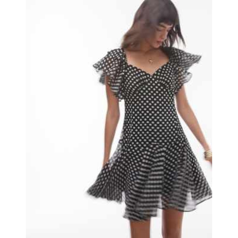 Topshop ruffle mini tea dress in mono polka dot