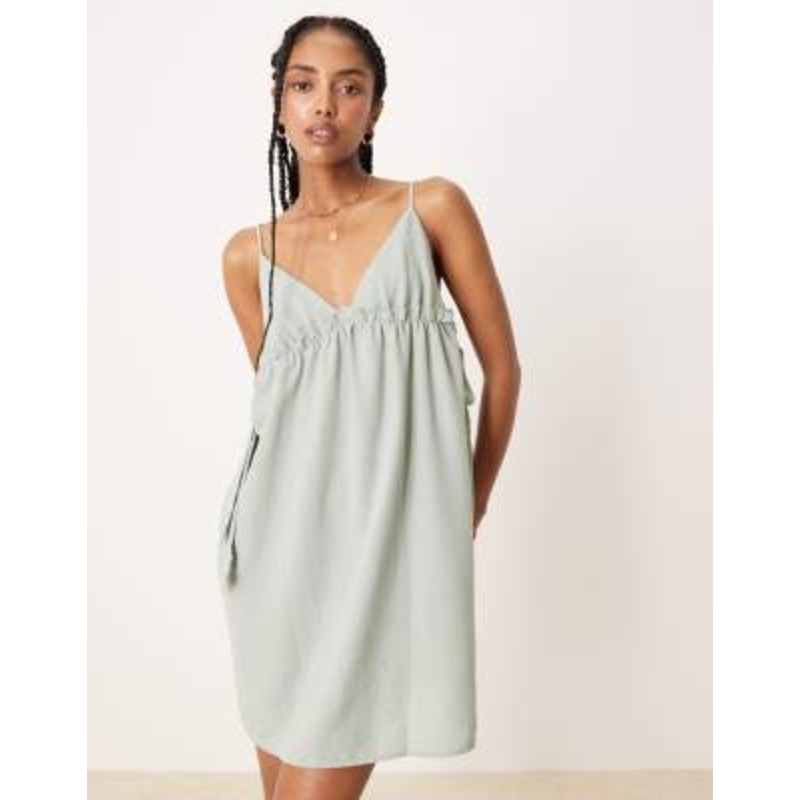 VILA bow detail mini dress in sage green